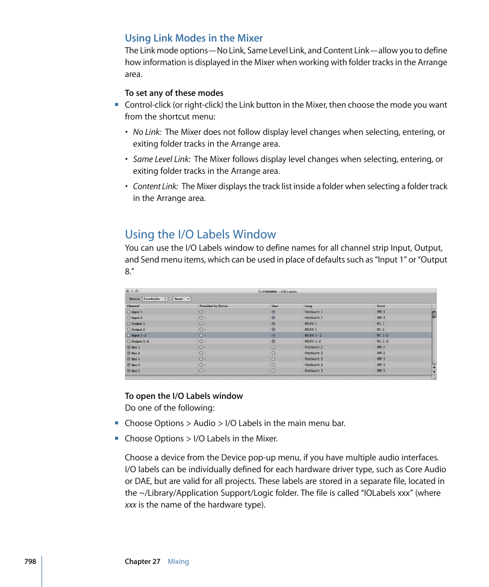 Using link modes in the mixer, Using the i/o labels window | Apple Logic Pro 9 User Manual | Page 798 / 1340