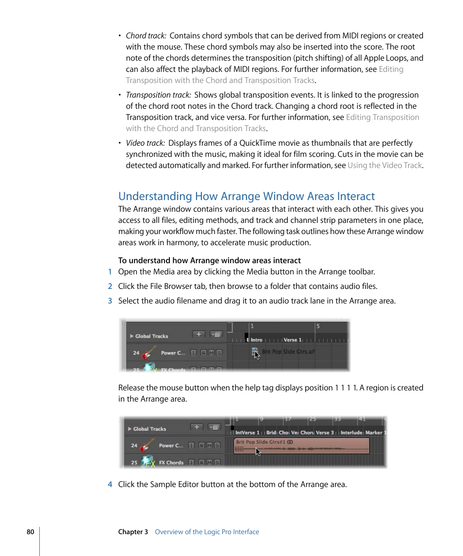 Understanding how arrange window areas interact | Apple Logic Pro 9 User Manual | Page 80 / 1340