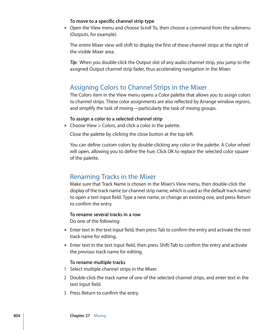 Assigning colors to channel strips in the mixer, Renaming tracks in the mixer, Renaming tracks in the | Mixer | Apple Logic Pro 9 User Manual | Page 804 / 1340