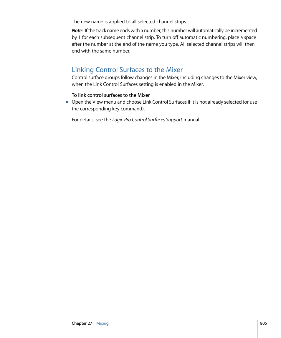 Linking control surfaces to the mixer | Apple Logic Pro 9 User Manual | Page 805 / 1340