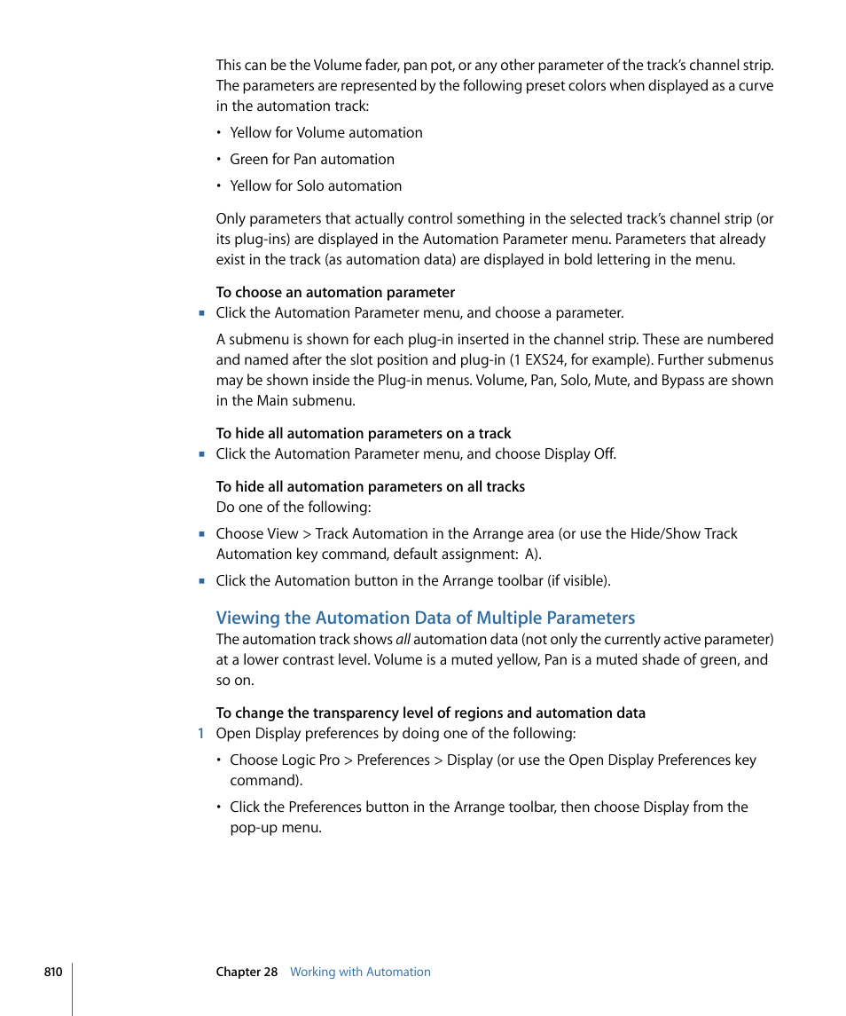Viewing the automation data of multiple parameters | Apple Logic Pro 9 User Manual | Page 810 / 1340