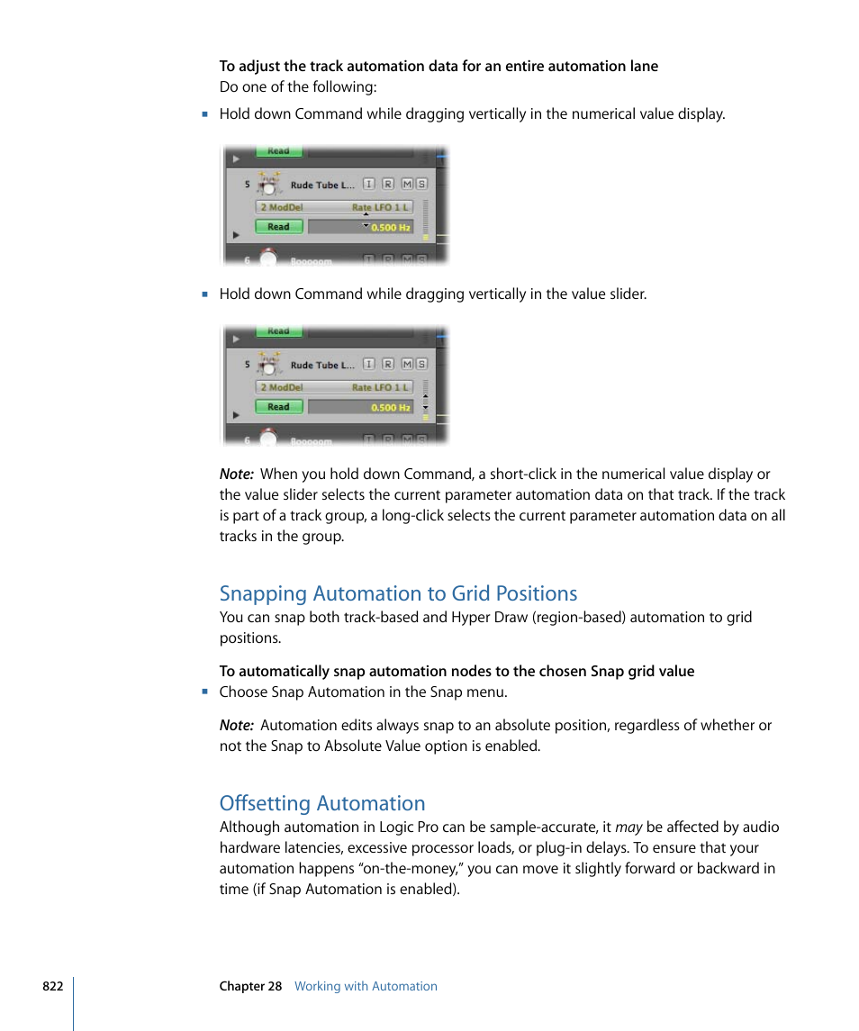 Snapping automation to grid positions, Offsetting automation | Apple Logic Pro 9 User Manual | Page 822 / 1340