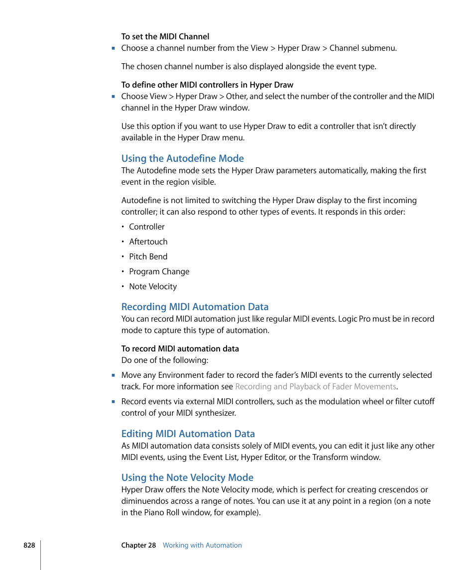 Using the autodefine mode, Recording midi automation data, Editing midi automation data | Using the note velocity mode | Apple Logic Pro 9 User Manual | Page 828 / 1340