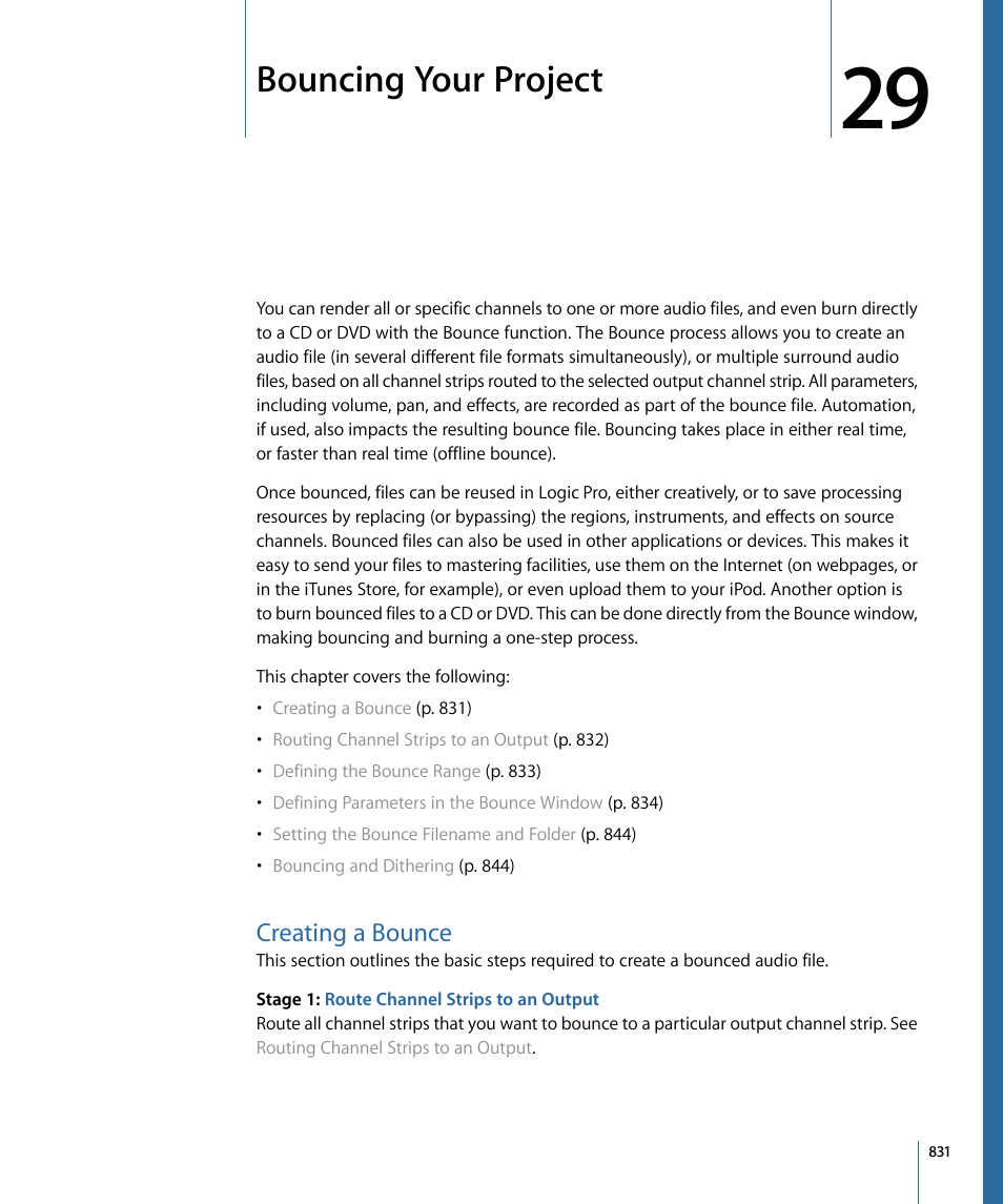 Bouncing your project, Creating a bounce | Apple Logic Pro 9 User Manual | Page 831 / 1340