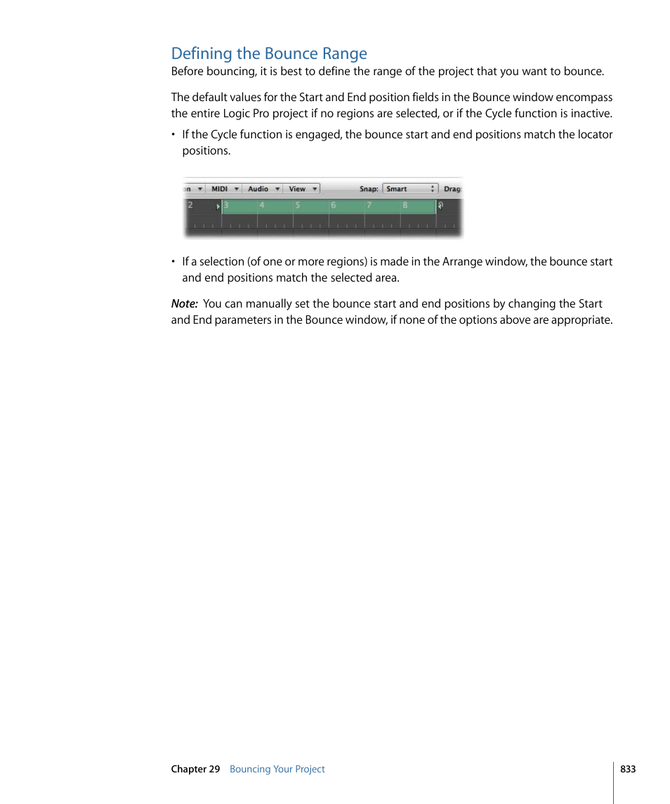 Defining the bounce range | Apple Logic Pro 9 User Manual | Page 833 / 1340