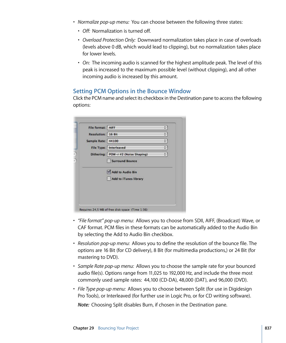 Setting pcm options in the bounce window | Apple Logic Pro 9 User Manual | Page 837 / 1340