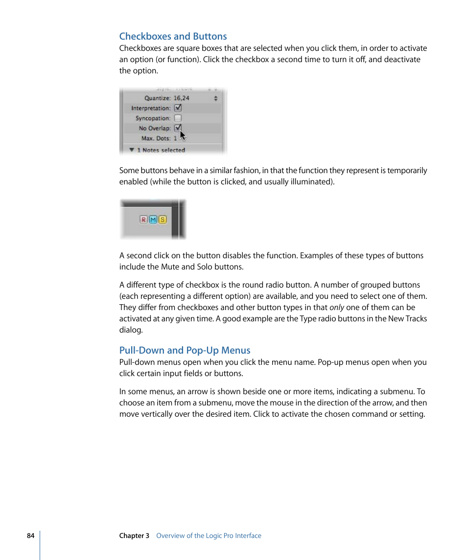 Checkboxes and buttons, Pull-down and pop-up menus | Apple Logic Pro 9 User Manual | Page 84 / 1340
