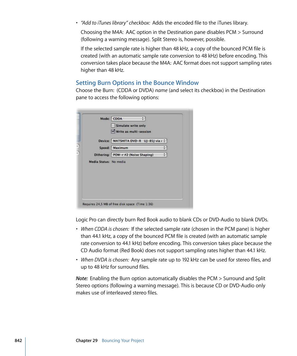 Setting burn options in the bounce window | Apple Logic Pro 9 User Manual | Page 842 / 1340