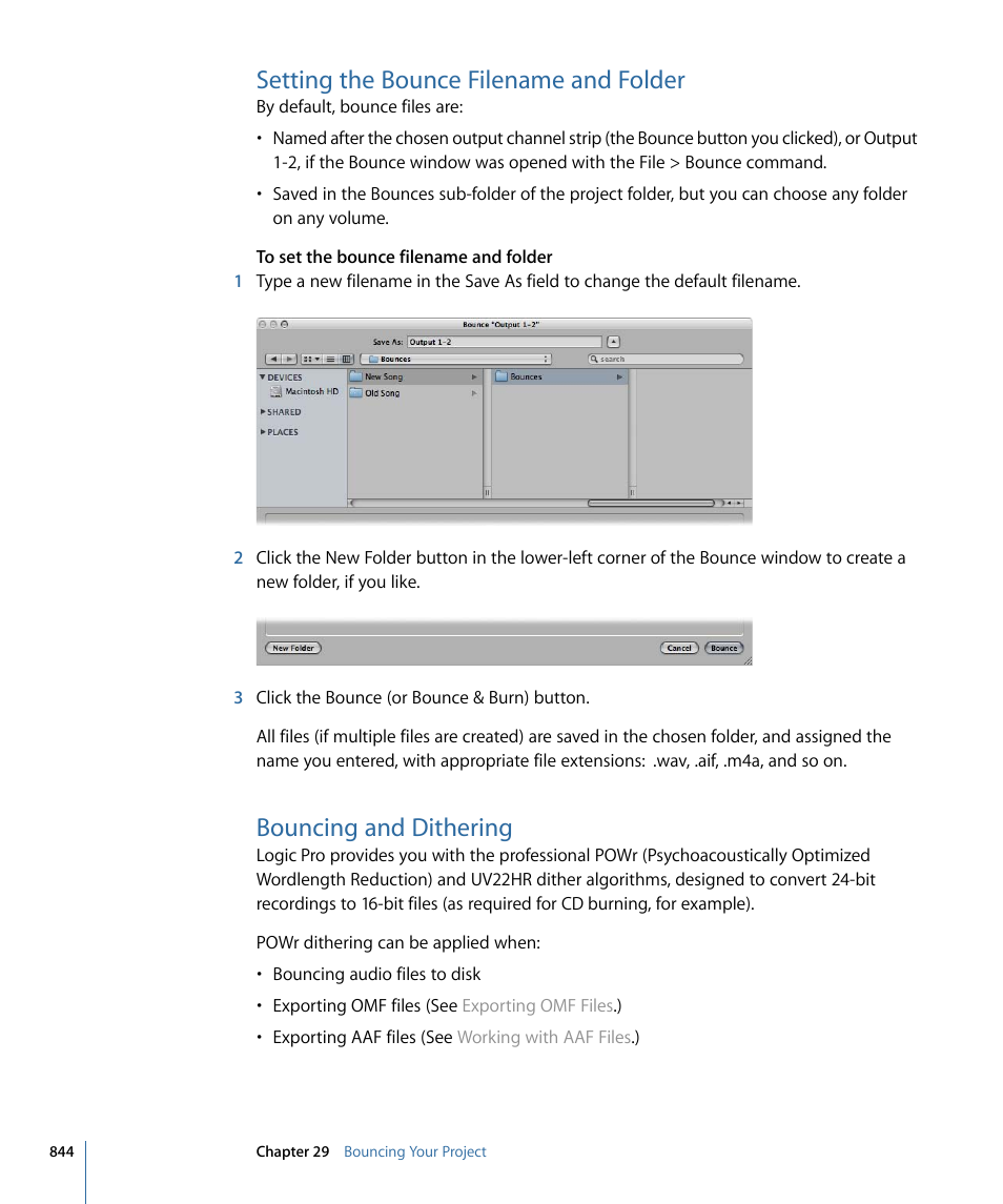 Setting the bounce filename and folder, Bouncing and dithering, Setting the bounce filename | And folder | Apple Logic Pro 9 User Manual | Page 844 / 1340