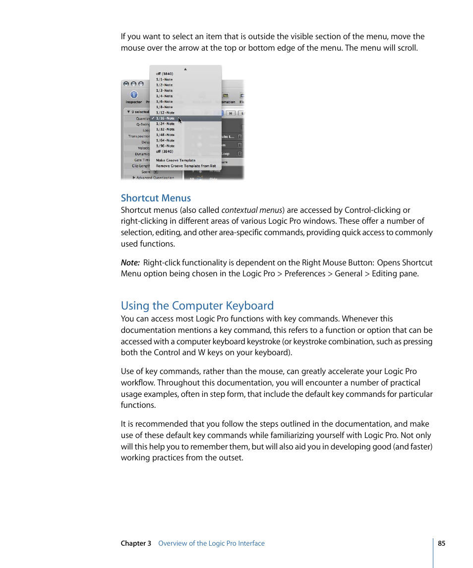 Shortcut menus, Using the computer keyboard | Apple Logic Pro 9 User Manual | Page 85 / 1340