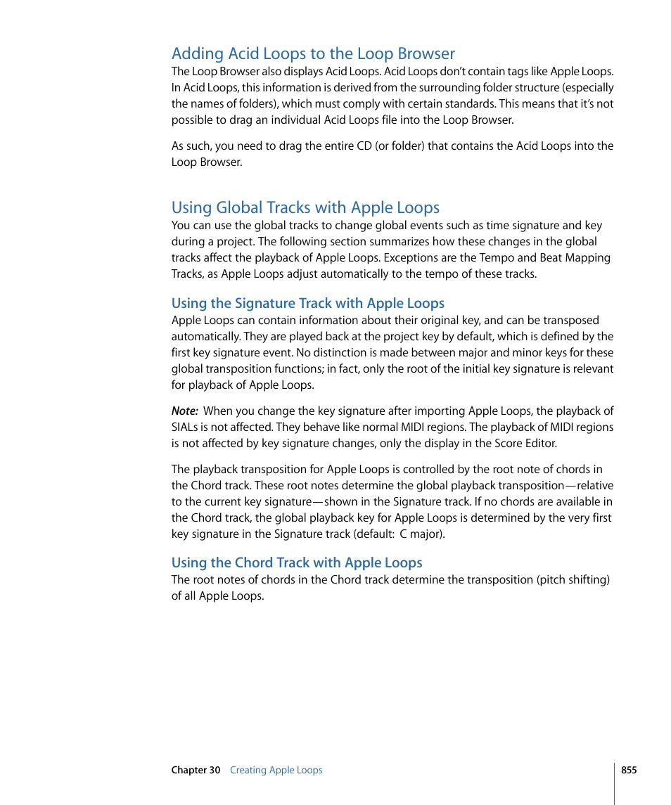 Adding acid loops to the loop browser, Using global tracks with apple loops, Using the signature track with apple loops | Using the chord track with apple loops | Apple Logic Pro 9 User Manual | Page 855 / 1340