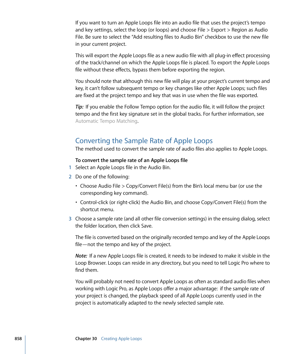 Converting the sample rate of apple loops | Apple Logic Pro 9 User Manual | Page 858 / 1340