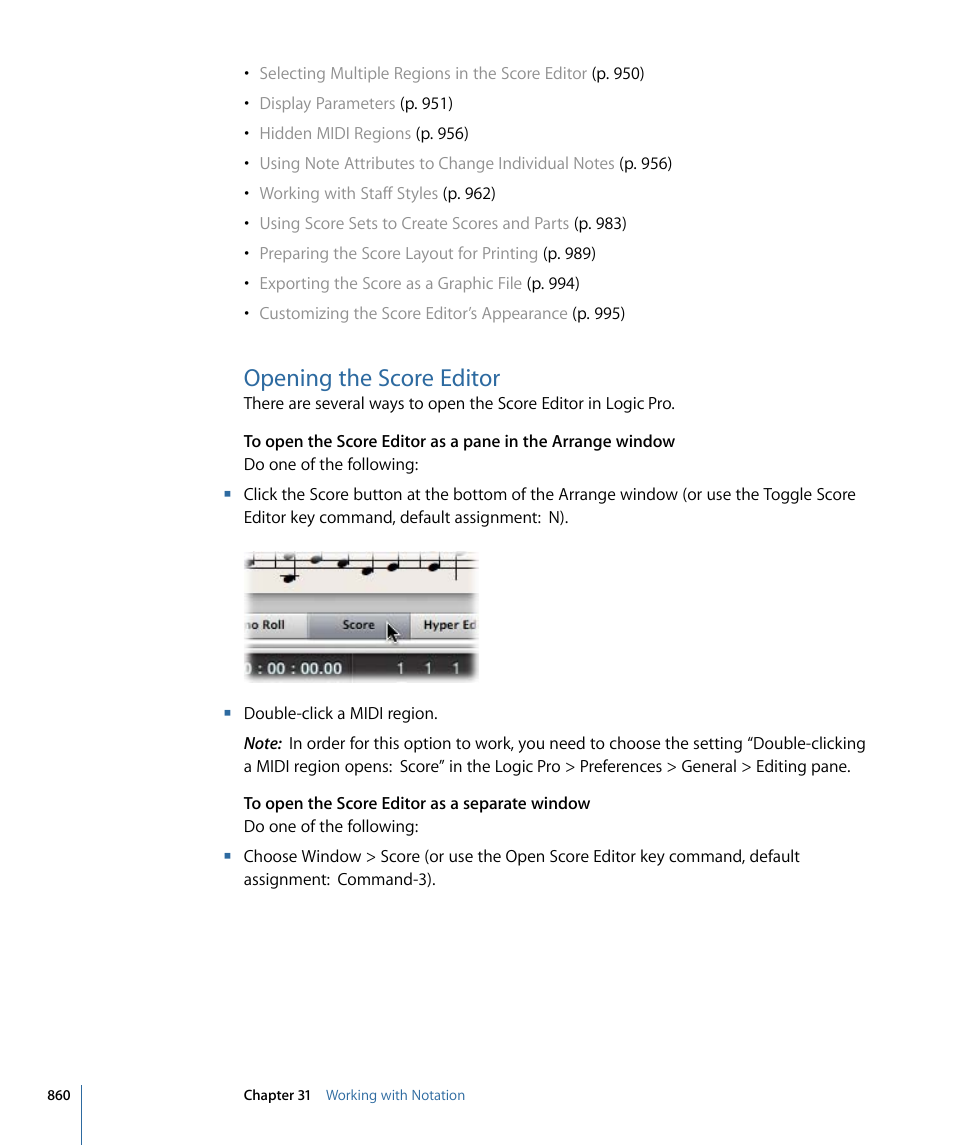 Opening the score editor | Apple Logic Pro 9 User Manual | Page 860 / 1340