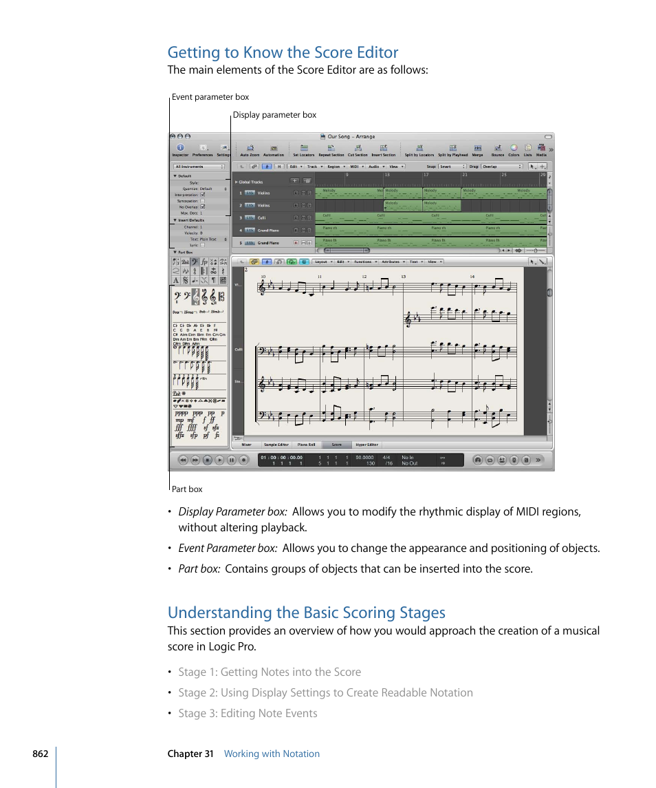 Getting to know the score editor, Understanding the basic scoring stages | Apple Logic Pro 9 User Manual | Page 862 / 1340