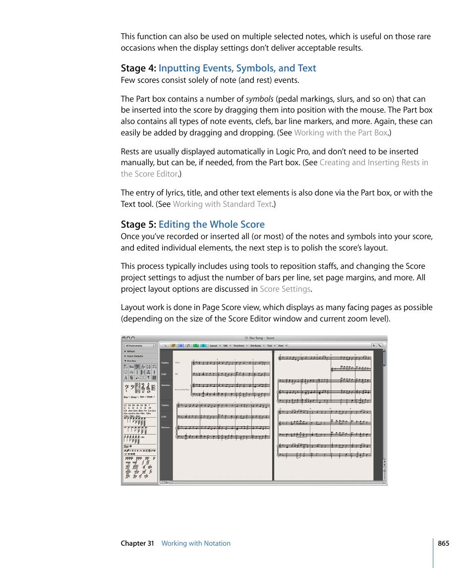 Stage 4: inputting events, symbols, and text, Stage 5: editing the whole score | Apple Logic Pro 9 User Manual | Page 865 / 1340