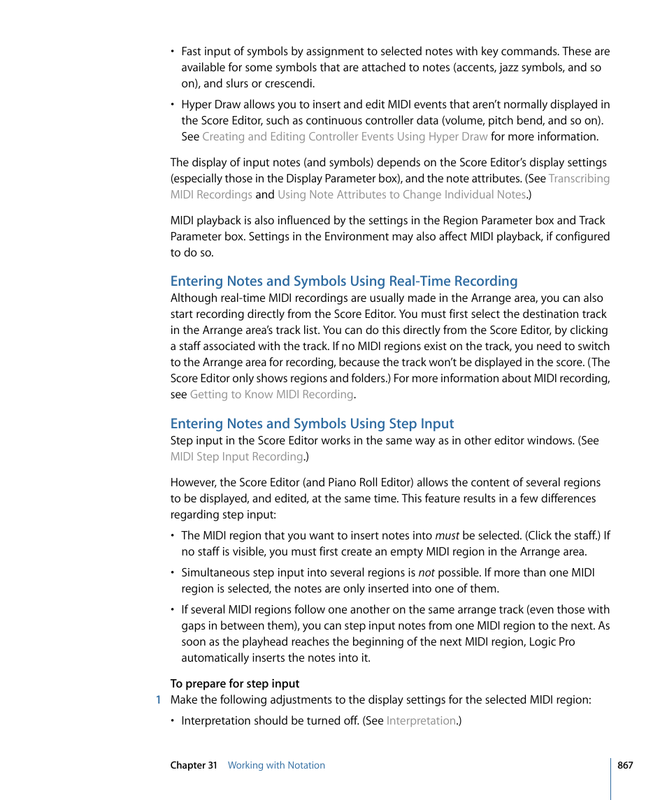 Entering notes and symbols using step input, Entering notes and symbols using, Real-time recording | Apple Logic Pro 9 User Manual | Page 867 / 1340