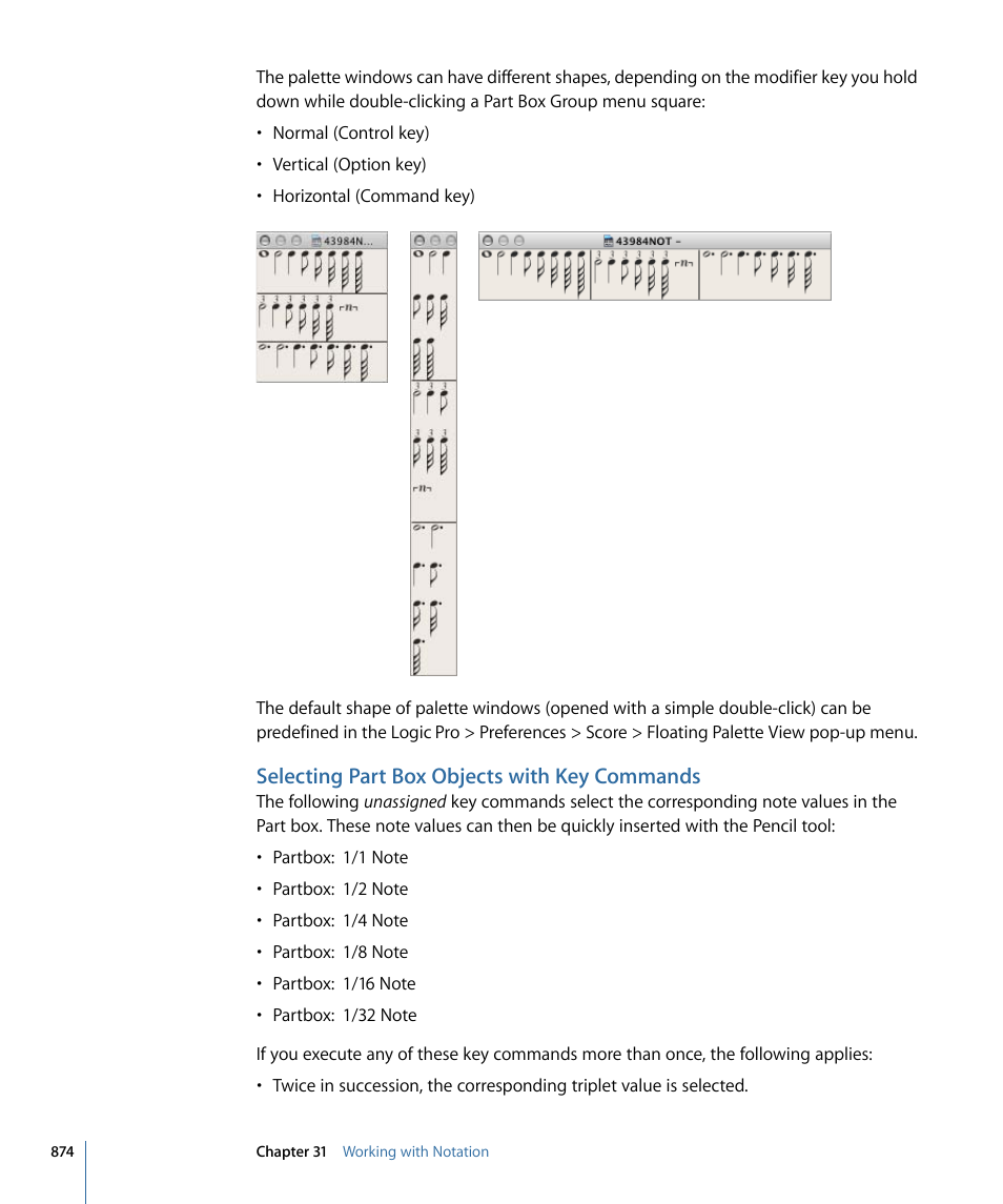 Selecting part box objects with key commands | Apple Logic Pro 9 User Manual | Page 874 / 1340