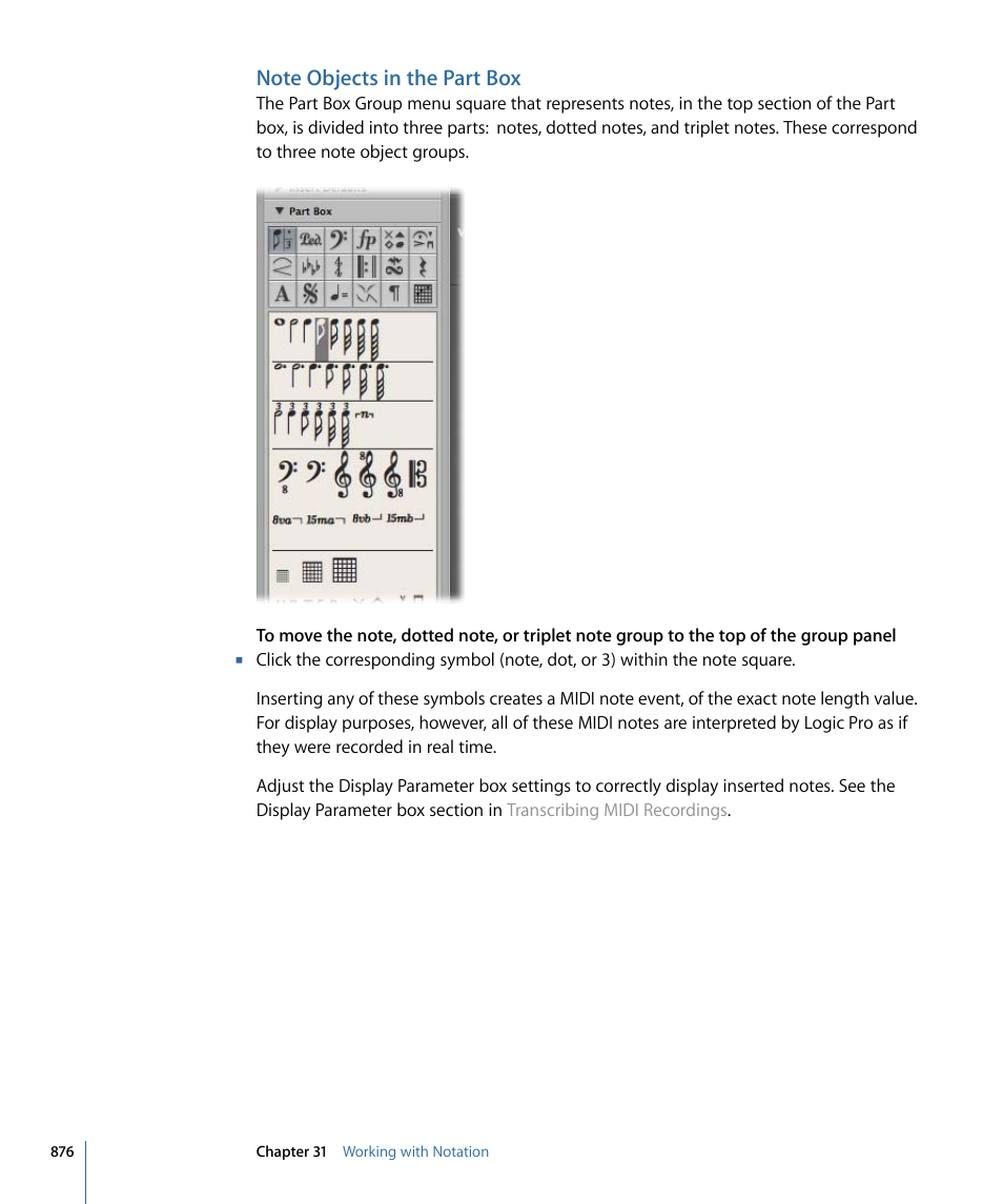 Note objects in the part box | Apple Logic Pro 9 User Manual | Page 876 / 1340