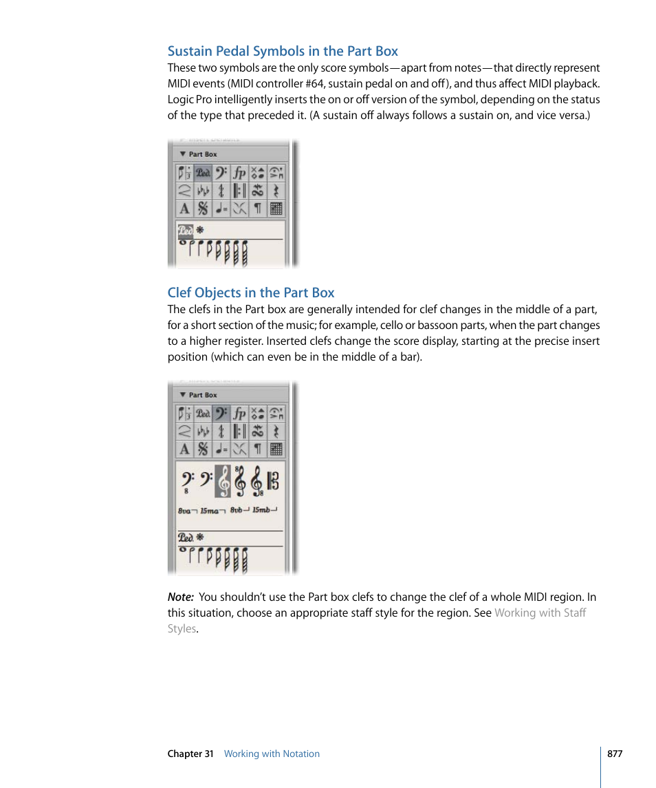 Sustain pedal symbols in the part box, Clef objects in the part box | Apple Logic Pro 9 User Manual | Page 877 / 1340