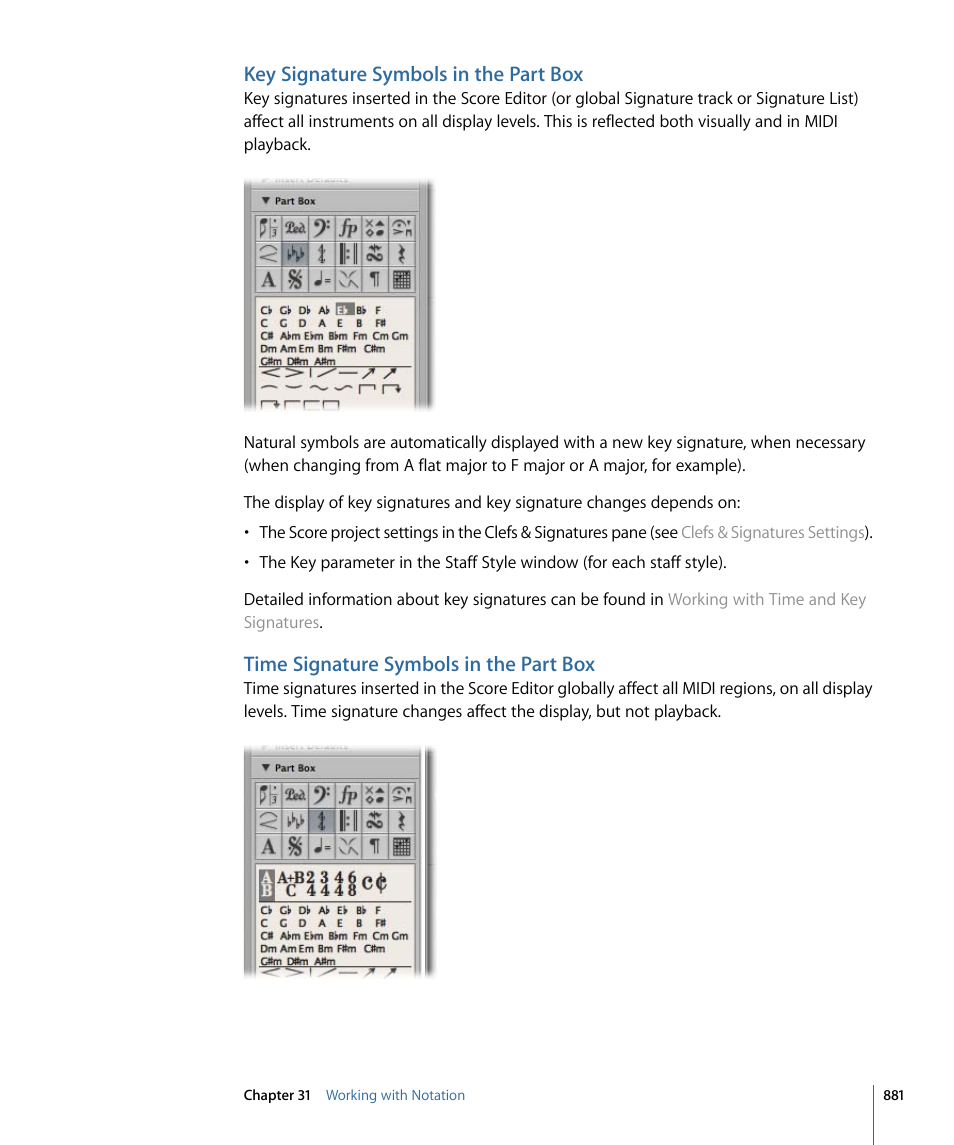 Key signature symbols in the part box, Time signature symbols in the part box | Apple Logic Pro 9 User Manual | Page 881 / 1340