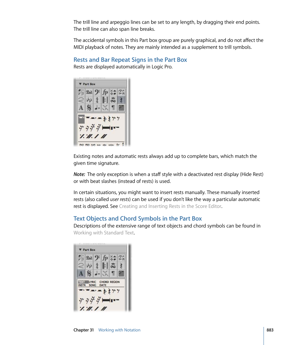 Rests and bar repeat signs in the part box, Text objects and chord symbols in the part box | Apple Logic Pro 9 User Manual | Page 883 / 1340