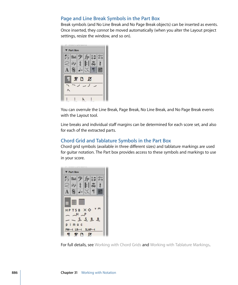Chord grid and tablature symbols in the part box, Page and line break symbols in the part box | Apple Logic Pro 9 User Manual | Page 886 / 1340