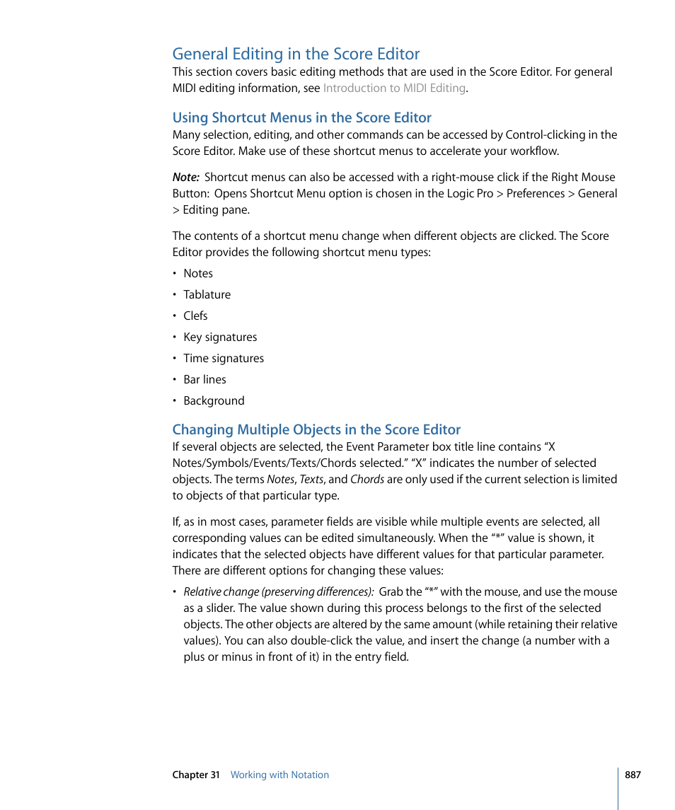 General editing in the score editor, Using shortcut menus in the score editor, Changing multiple objects in the score editor | Apple Logic Pro 9 User Manual | Page 887 / 1340