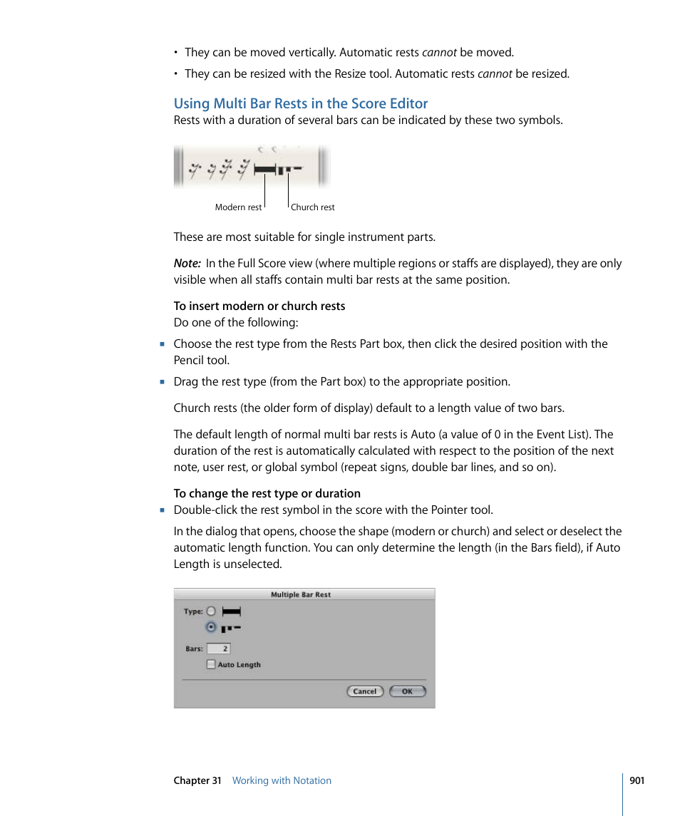 Using multi bar rests in the score editor | Apple Logic Pro 9 User Manual | Page 901 / 1340