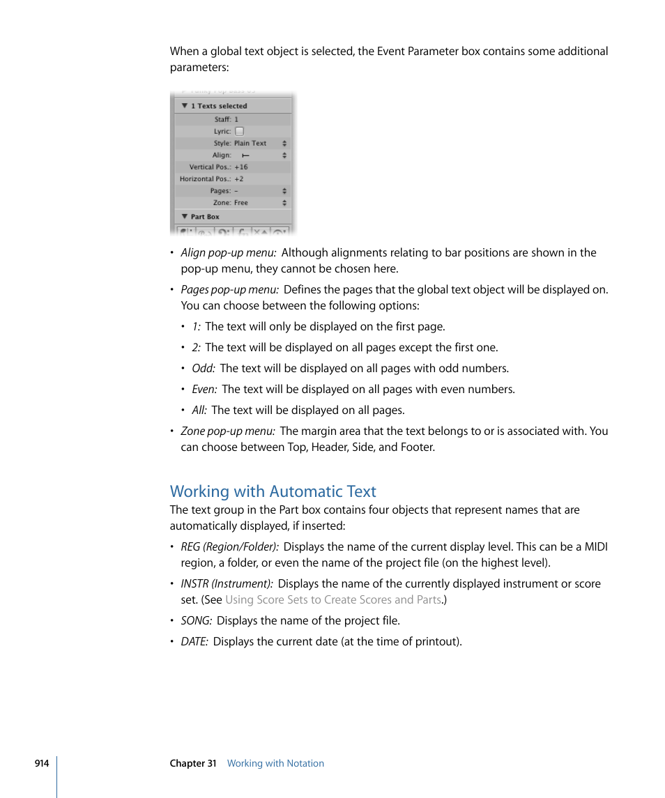 Working with automatic text | Apple Logic Pro 9 User Manual | Page 914 / 1340