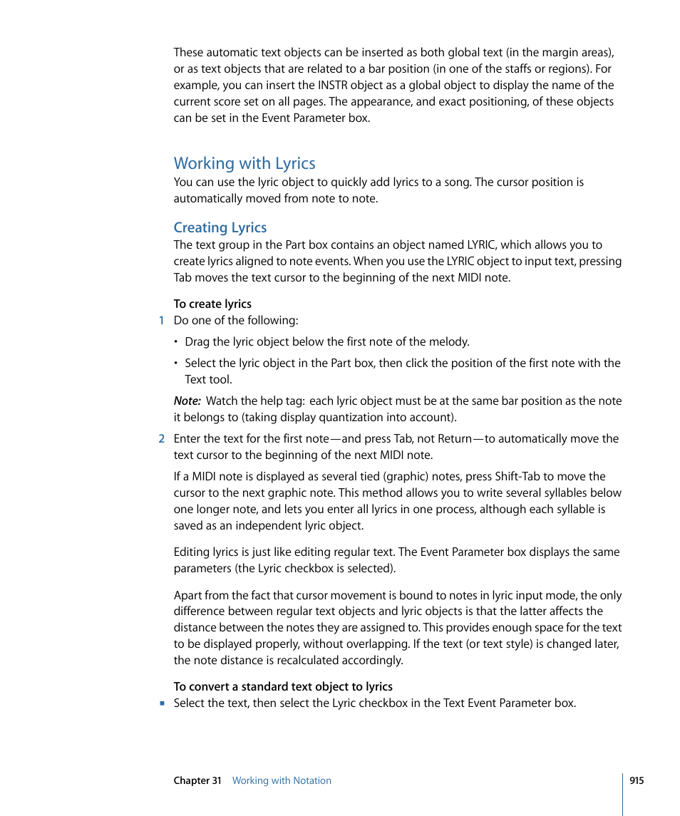 Working with lyrics, Creating lyrics | Apple Logic Pro 9 User Manual | Page 915 / 1340
