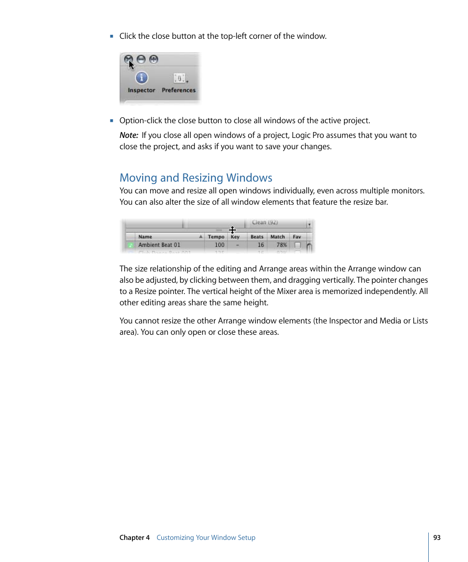 Moving and resizing windows | Apple Logic Pro 9 User Manual | Page 93 / 1340