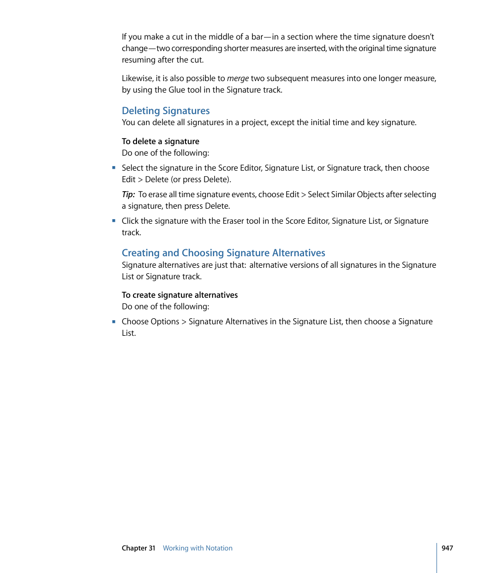 Deleting signatures, Creating and choosing signature alternatives | Apple Logic Pro 9 User Manual | Page 947 / 1340