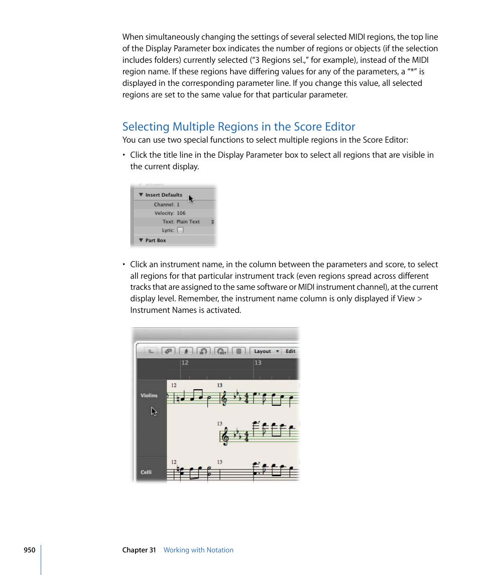Selecting multiple regions in the score editor | Apple Logic Pro 9 User Manual | Page 950 / 1340