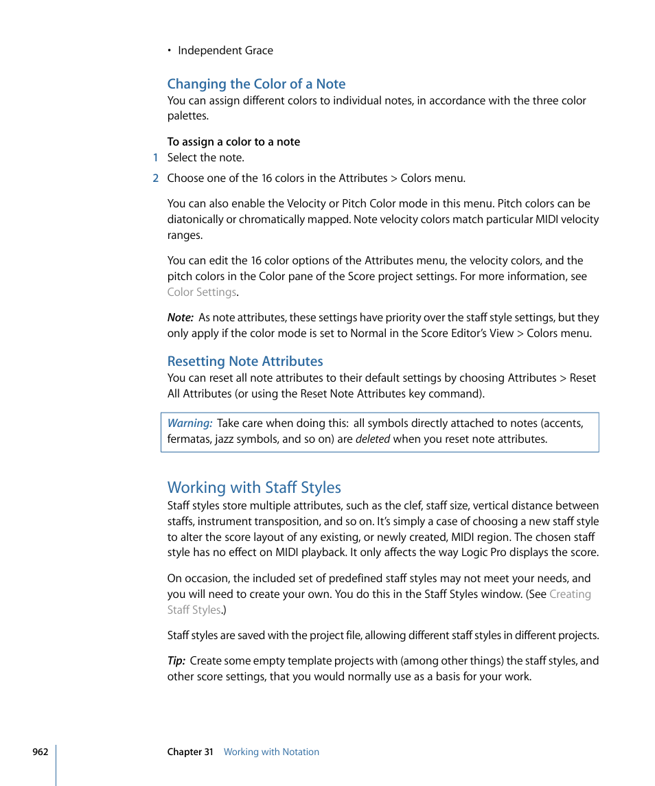 Changing the color of a note, Resetting note attributes, Working with staff styles | Apple Logic Pro 9 User Manual | Page 962 / 1340