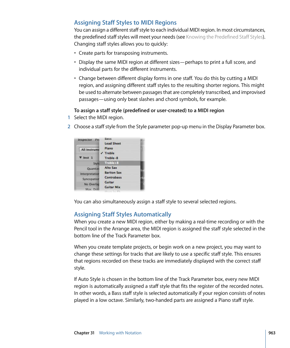 Assigning staff styles to midi regions, Assigning staff styles automatically | Apple Logic Pro 9 User Manual | Page 963 / 1340