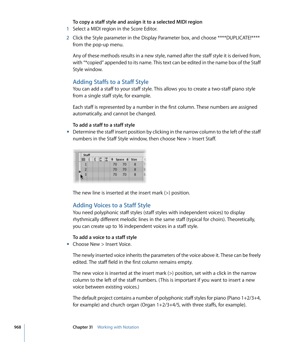 Adding staffs to a staff style, Adding voices to a staff style | Apple Logic Pro 9 User Manual | Page 968 / 1340