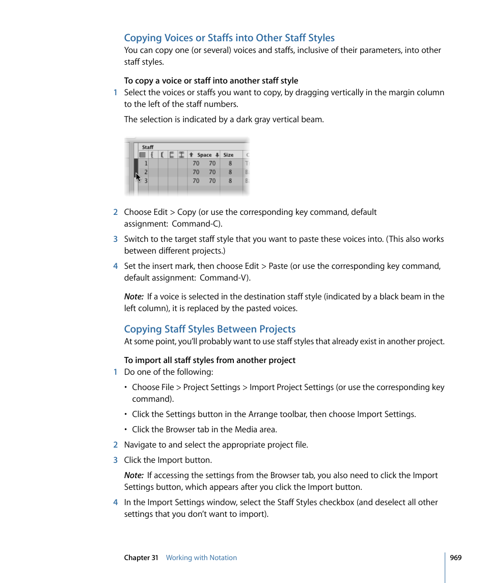 Copying voices or staffs into other staff styles, Copying staff styles between projects | Apple Logic Pro 9 User Manual | Page 969 / 1340
