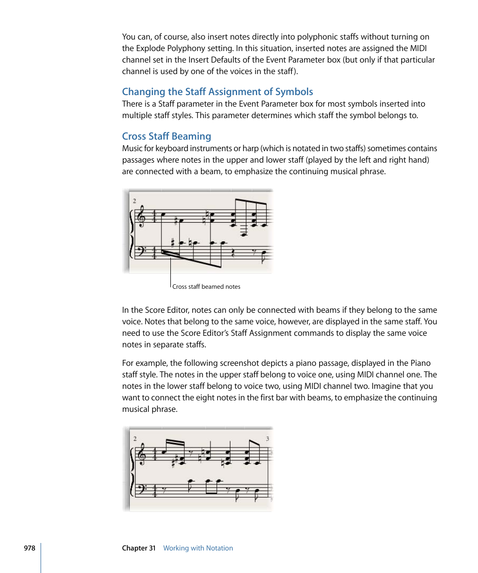 Changing the staff assignment of symbols, Cross staff beaming | Apple Logic Pro 9 User Manual | Page 978 / 1340