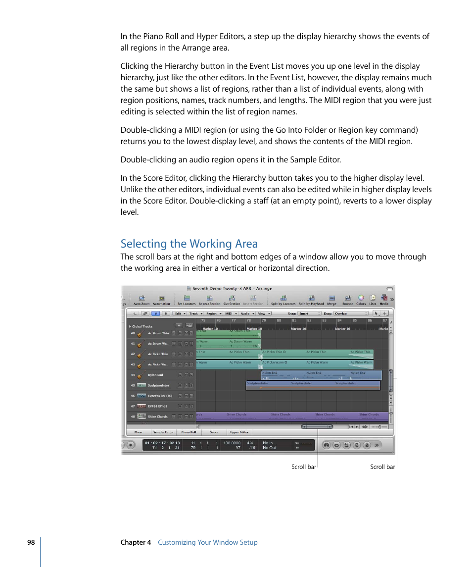 Selecting the working area | Apple Logic Pro 9 User Manual | Page 98 / 1340