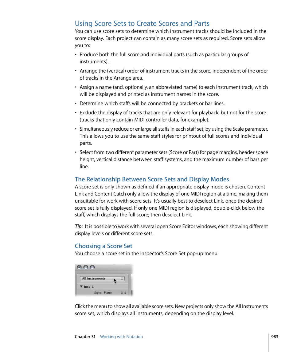 Using score sets to create scores and parts, Choosing a score set | Apple Logic Pro 9 User Manual | Page 983 / 1340