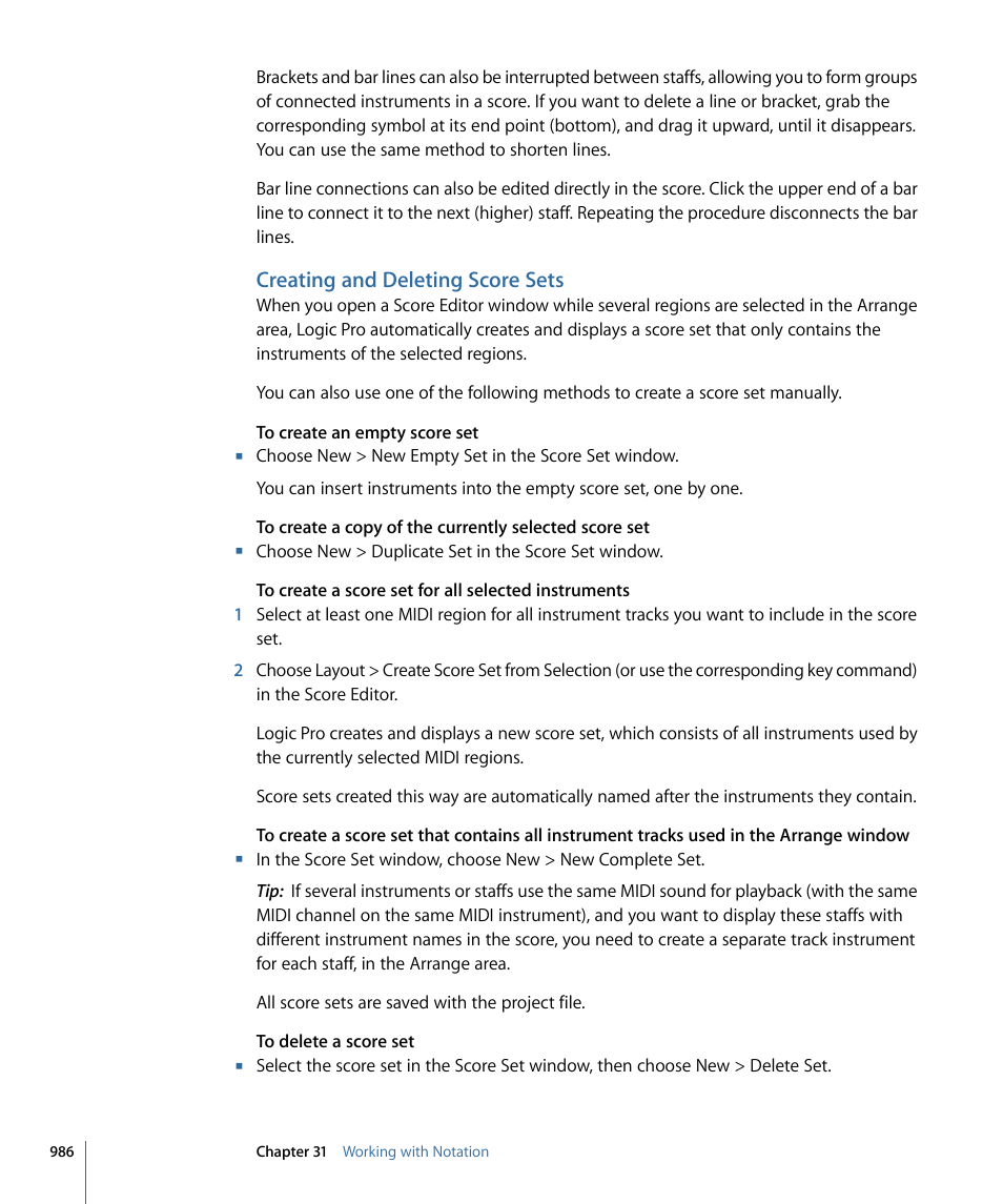 Creating and deleting score sets | Apple Logic Pro 9 User Manual | Page 986 / 1340