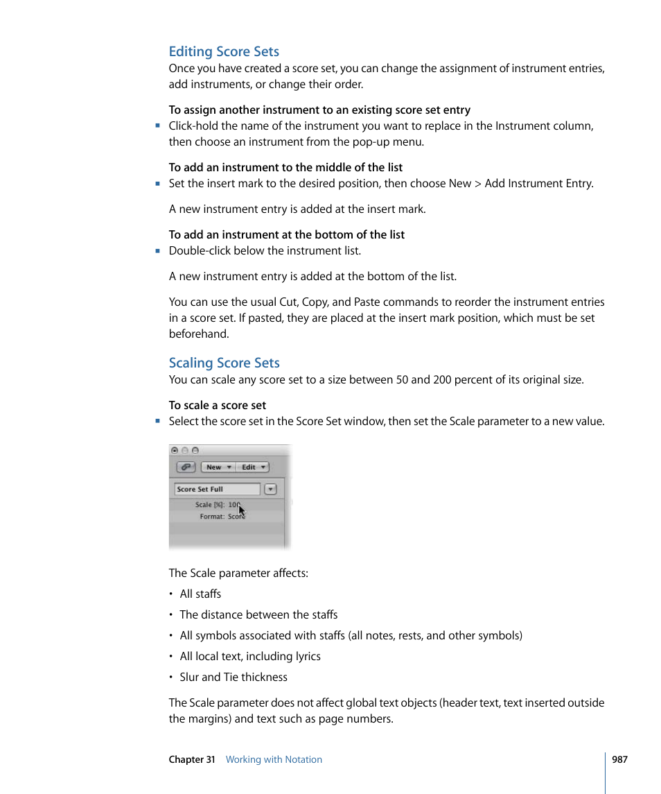 Editing score sets, Scaling score sets | Apple Logic Pro 9 User Manual | Page 987 / 1340