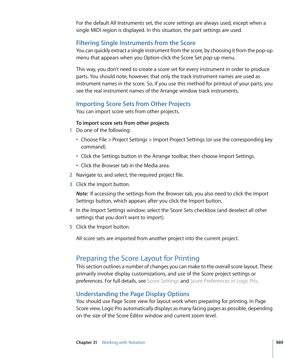 Filtering single instruments from the score, Importing score sets from other projects, Preparing the score layout for printing | Understanding the page display options | Apple Logic Pro 9 User Manual | Page 989 / 1340