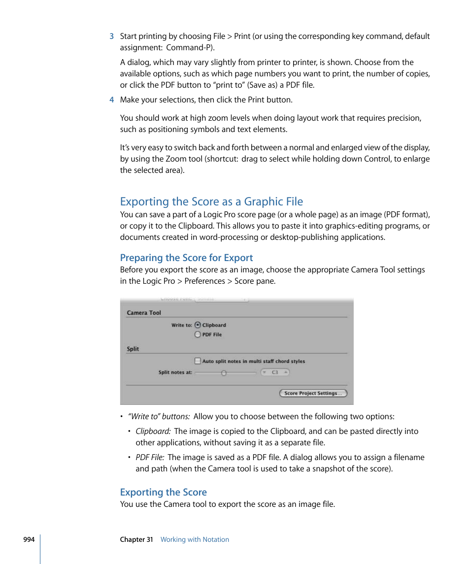 Exporting the score as a graphic file, Preparing the score for export, Exporting the score | Apple Logic Pro 9 User Manual | Page 994 / 1340