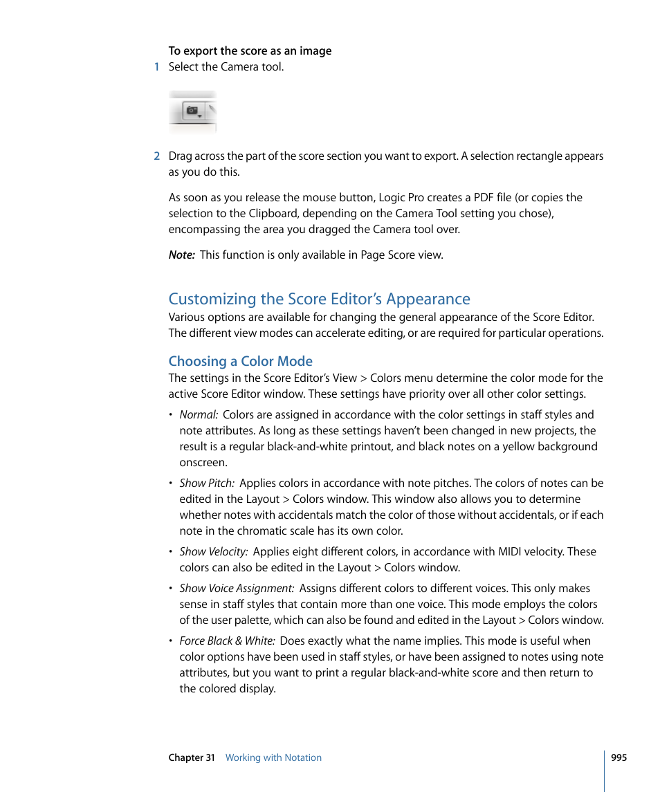 Customizing the score editor’s appearance, Choosing a color mode, Customizing | The score editor’s appearance | Apple Logic Pro 9 User Manual | Page 995 / 1340