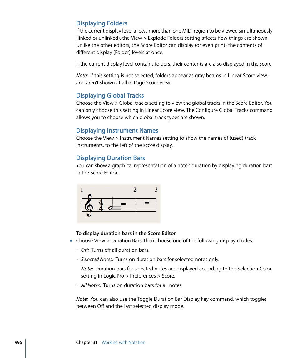 Displaying folders, Displaying global tracks, Displaying instrument names | Displaying duration bars, Displaying duration, Bars | Apple Logic Pro 9 User Manual | Page 996 / 1340
