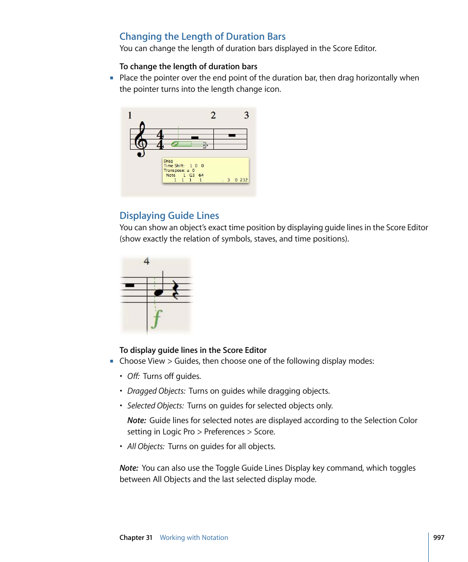 Changing the length of duration bars, Displaying guide lines | Apple Logic Pro 9 User Manual | Page 997 / 1340