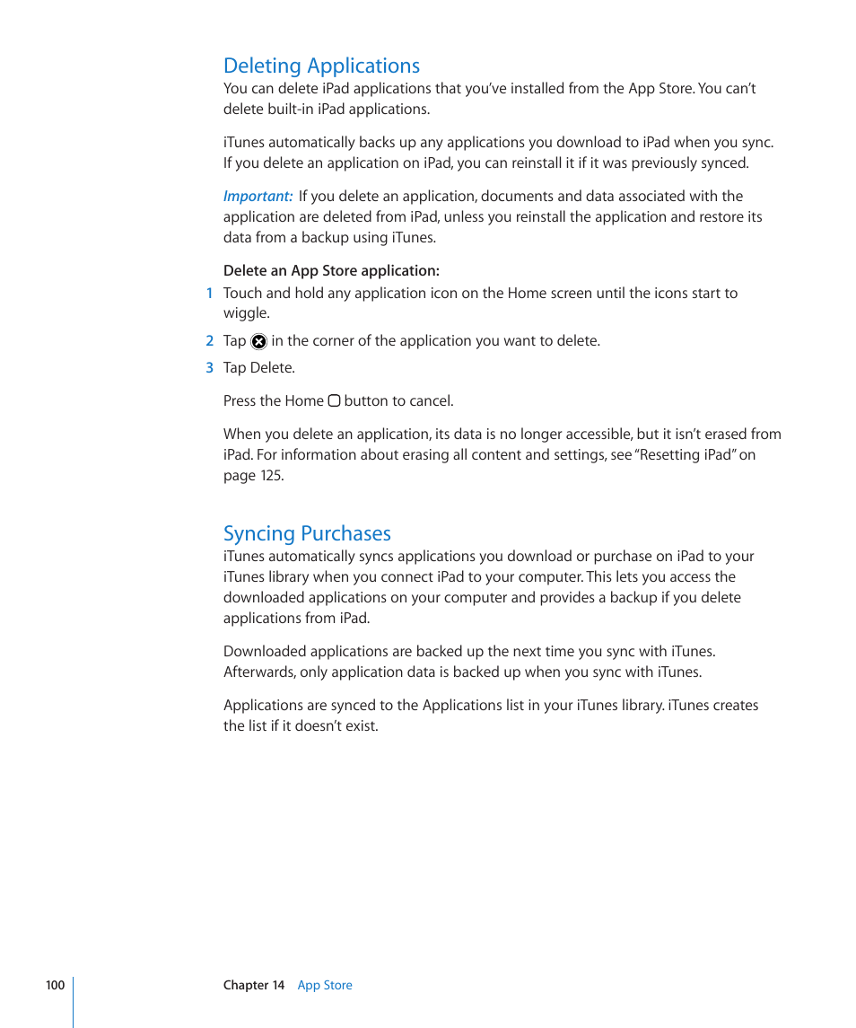 Deleting applications, Syncing purchases, 100 deleting applications 100 syncing purchases | Apple iPad iOS 3.2 User Manual | Page 100 / 154