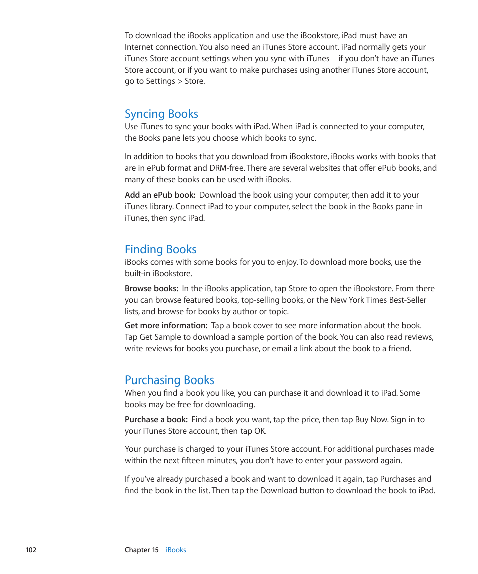 Syncing books, Finding books, Purchasing books | Apple iPad iOS 3.2 User Manual | Page 102 / 154