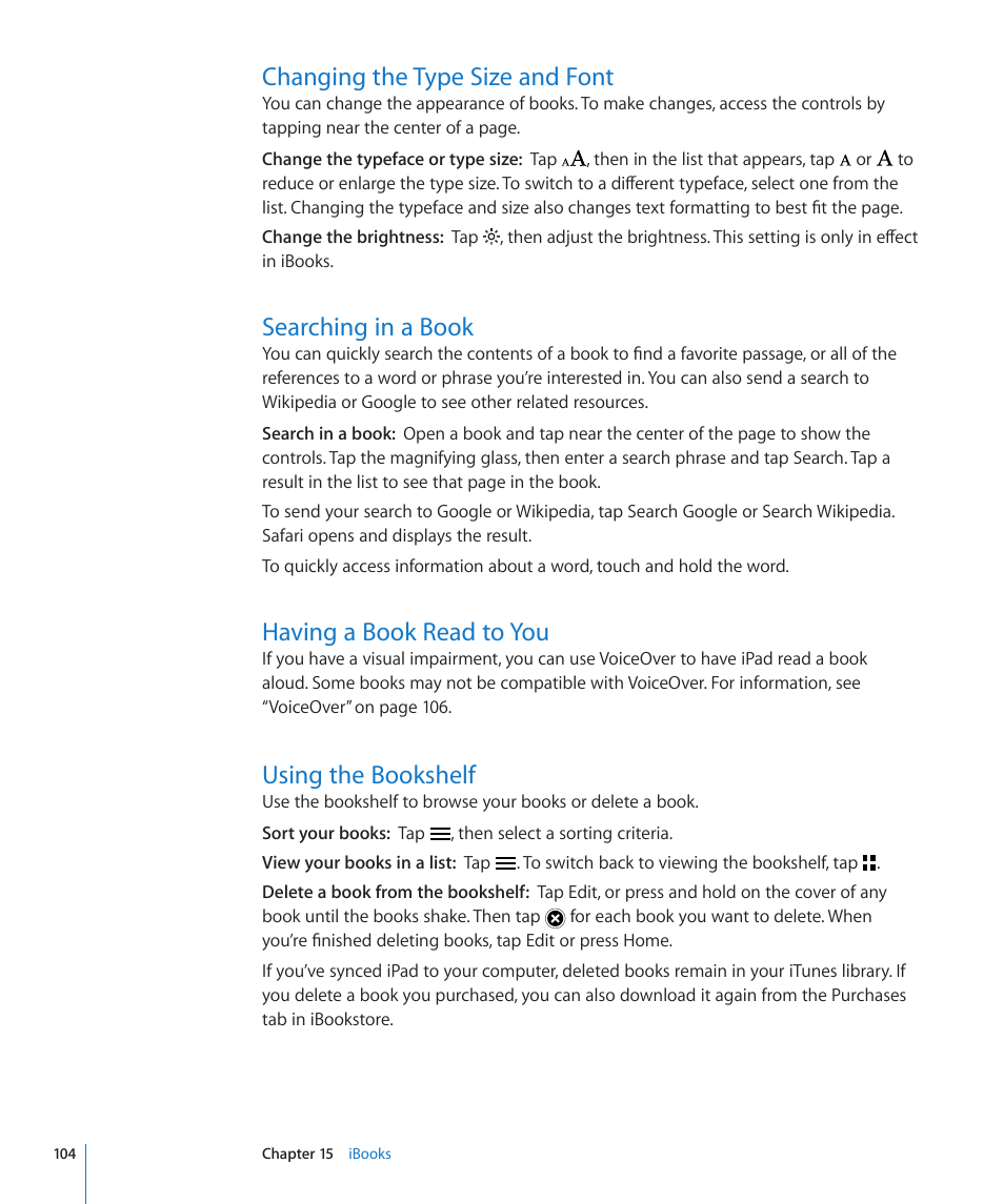 Changing the type size and font, Searching in a book, Having a book read to you | Using the bookshelf | Apple iPad iOS 3.2 User Manual | Page 104 / 154